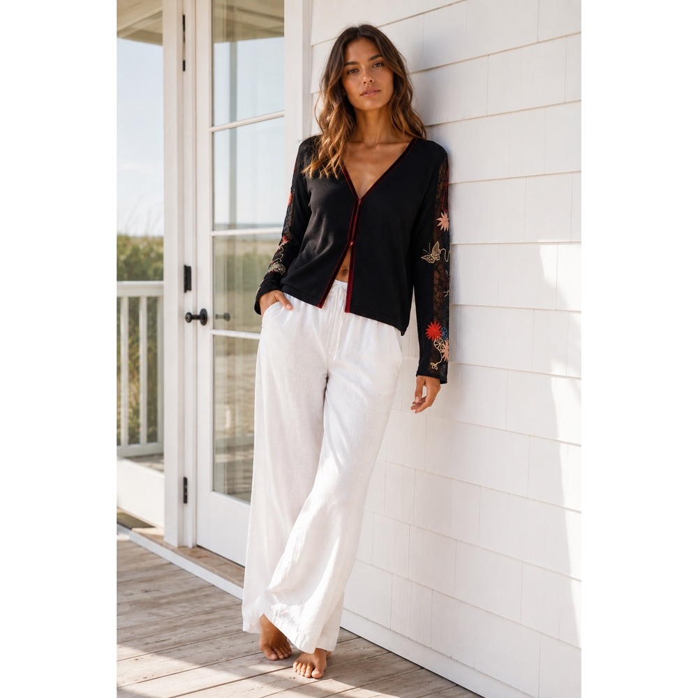 Karen Millen Cardigan Women XS Black Embroidered Mesh Sleeve‎ Velvet Trim